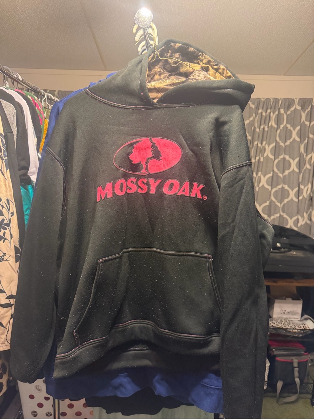 Mossy Oak Black Hoodie with Red Logo and Camo Hood Lining
